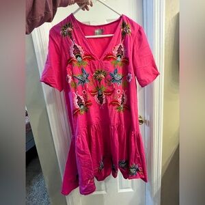 ASOS hot pink embroidered drop waist dress